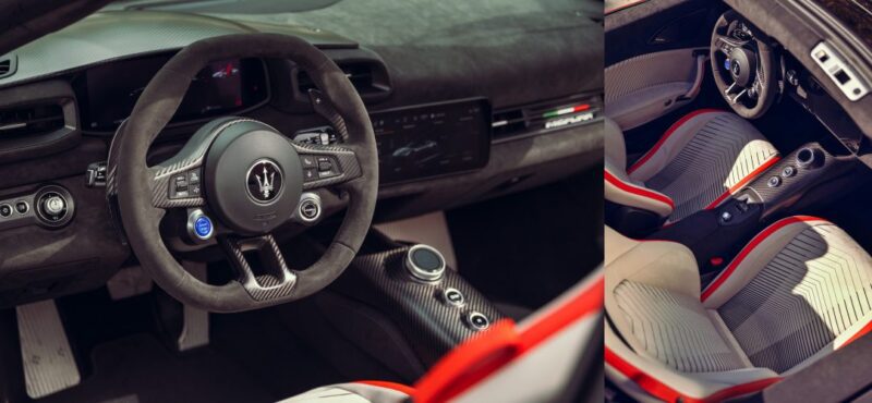 Close-up views of the 2026 Maserati MCPura Cielo First Drive reveal a modern sports car interior, highlighting the steering wheel, dashboard, center console, and stylish two-tone seats with red accents.