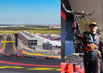 A Formula 1 race underway on a circuit, with a driver on the podium holding a trophy shaped like a bull's head after Verstappen’s Austin win tightens Drivers’ Championship title to 40 points.