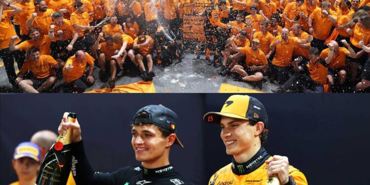A Formula 1 racing team celebrates with champagne after clinching the 2025 F1 Constructors’ Title; in the lower image, two McLaren drivers hold bottles, wearing branded racing suits and caps.