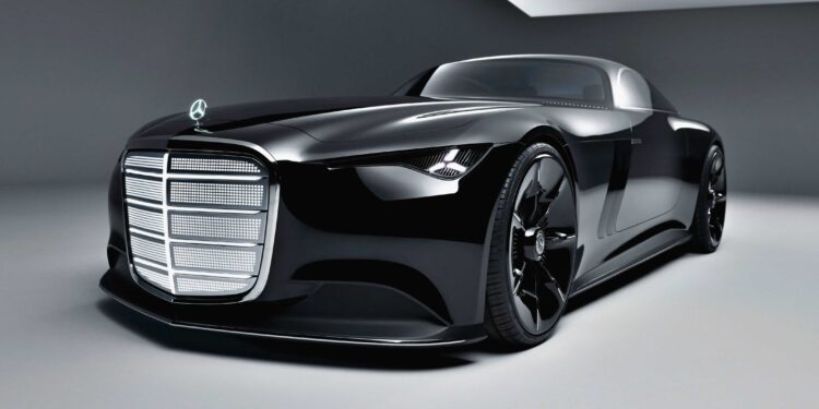 A sleek, black Mercedes-Benz luxury concept car with a prominent grille and low profile, the Vision Iconic is displayed in a modern, minimalistic showroom, embodying the elegance of the Electric Era.
