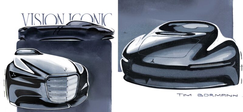 Two concept car sketches with sleek, futuristic designs and smooth curves, labeled "VISION ICONIC" and signed by Tim Bormann, capture how Mercedes-Benz Vision Iconic revives classic elegance for the digital era.