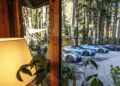 Four Maserati sports cars are parked in a row outside among tall trees, viewed through a window from inside a room with a lamp and plants—a scene reminiscent of Italy and the exclusive MCPURA Driving Experience.