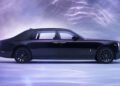 A black Rolls-Royce luxury sedan is shown in profile against a purple and white abstract background, embodying the bespoke elegance of the Phantoms collection.