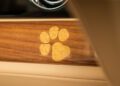 A gold paw print is inlaid in a wooden panel, surrounded by beige interior trim, creating a Bespoke Rolls-Royce detail perfect for any discerning Rolls-Royce dog.