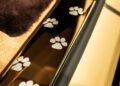 Close-up of several white paw prints on a glossy black and gold surface next to brown and black padded materials, inspired by the bespoke detailing of a Rolls-Royce Spectre created for Bailey.