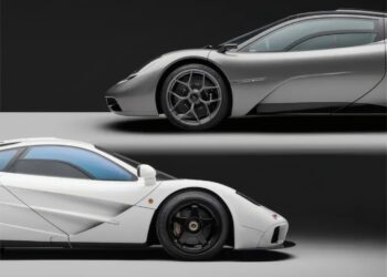 Side view comparison of two cars—a silver modern sports car above and a classic white sports car below—echoing the caliber of vehicles Sotheby’s will highlight at Abu Dhabi’s inaugural Collectors’ Week in December. Both face right against a black-and-white background.
