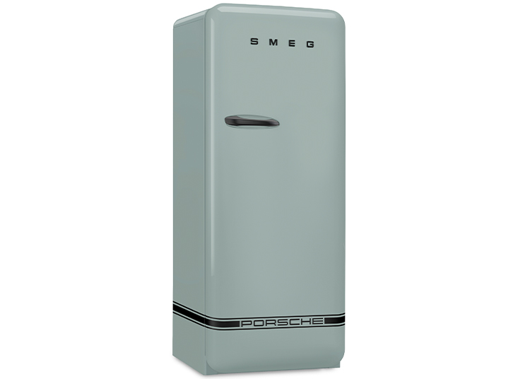 A retro-style SMEG refrigerator in light grey, featuring a horizontal Porsche logo stripe near the bottom—a striking addition to any Kitchen Collection.