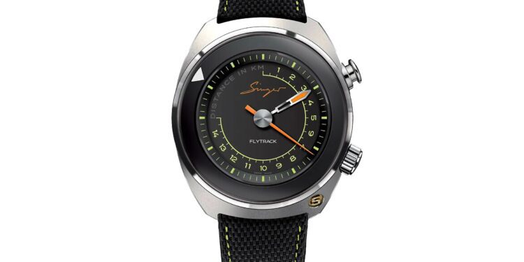 A round black and silver wristwatch with a black textured strap, yellow and orange accents, and two side buttons. The dial reads “Singer” and “Flytrack”—a striking addition to any collection of best luxury watches.
