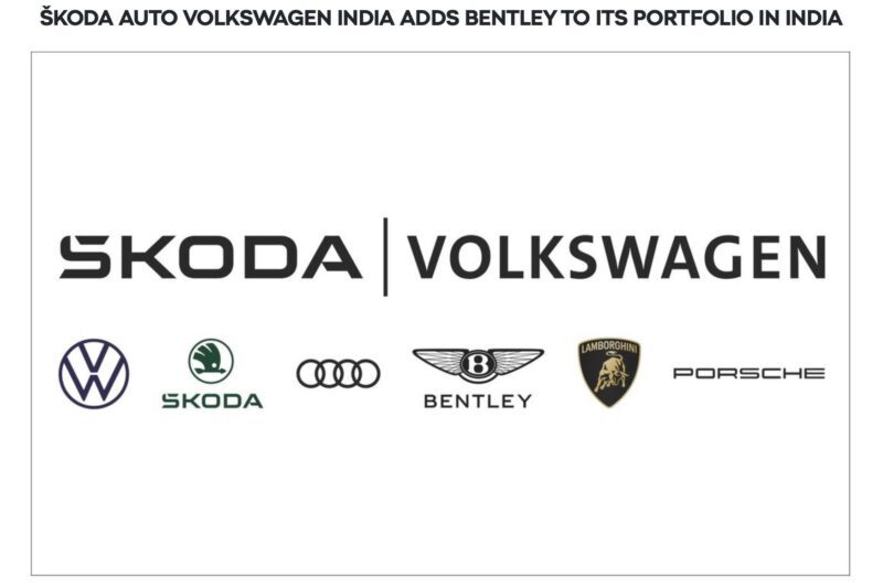 Logos of Volkswagen, Skoda, Audi, Bentley, Lamborghini, and Porsche are displayed under the text announcing Bentley's addition to Škoda Auto Volkswagen India's portfolio, further strengthening Bentley’s Indian presence.