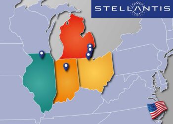 A map of the Midwest highlights five Stellantis locations in Michigan, Ohio, Indiana, and Illinois, featuring blue location markers and a Stellantis logo—showcasing Stellantis’ $13 billion U.S. comeback, its biggest investment in 100 years.