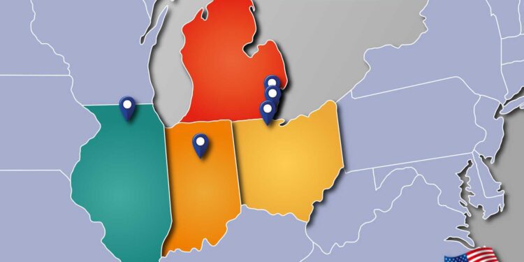 A map of the Midwest highlights five Stellantis locations in Michigan, Ohio, Indiana, and Illinois, featuring blue location markers and a Stellantis logo—showcasing Stellantis’ $13 billion U.S. comeback, its biggest investment in 100 years.