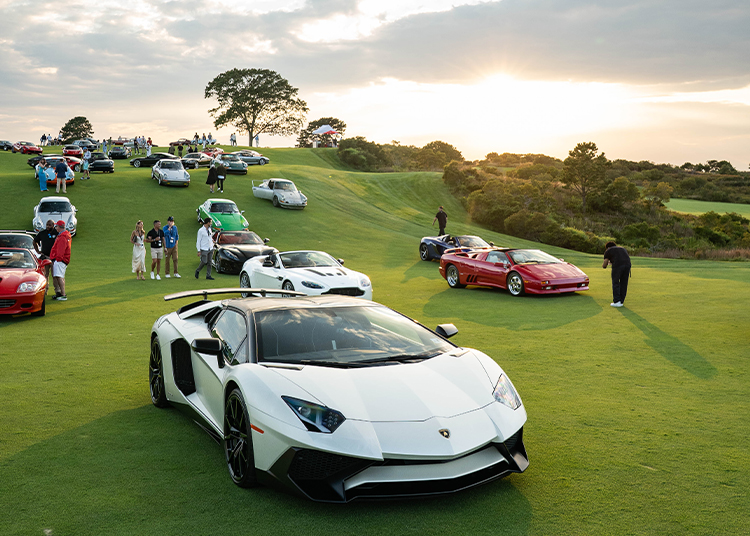 A display of automotive art unfolds at The Bridge IX, where several luxury sports cars rest on a green lawn at sunset, drawing a crowd eager to experience such exclusivity.