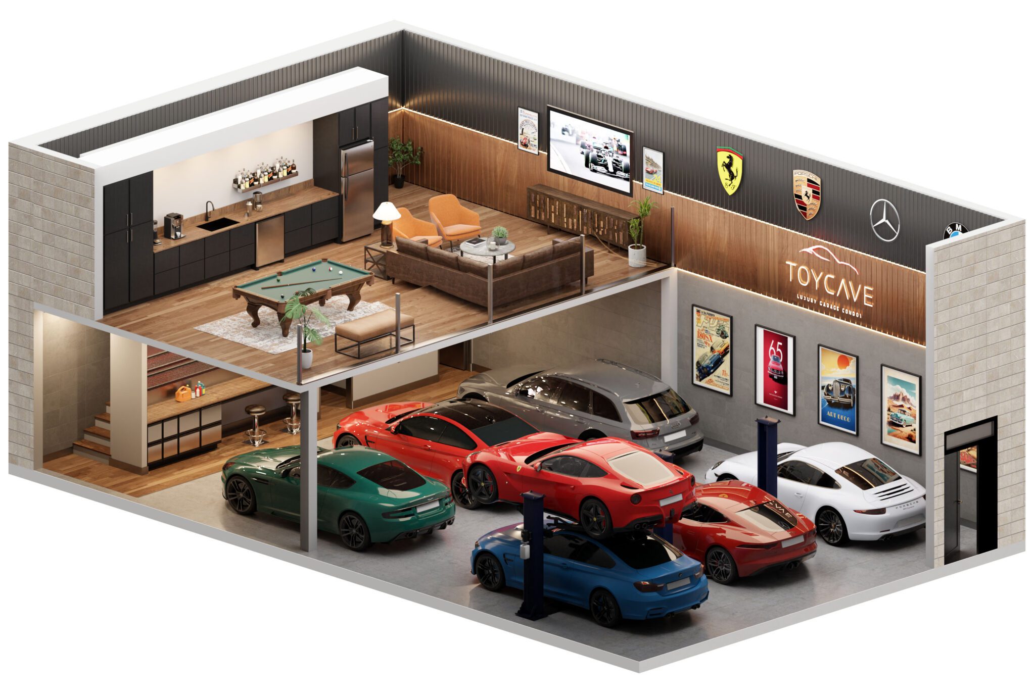 A modern Houston garage with six luxury sports cars, car brand logos on the wall, automotive posters, and an upstairs lounge featuring a pool table, kitchenette, and seating area—perfect for embracing car culture.