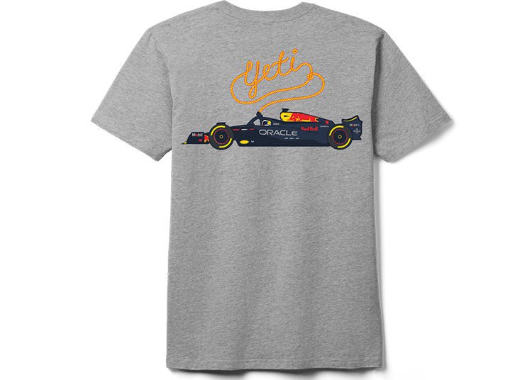 Gray T-shirt featuring an illustrated F1 race car and the word "Yeti" in bold orange script above the car on the back, inspired by Oracle Red Bull Racing.