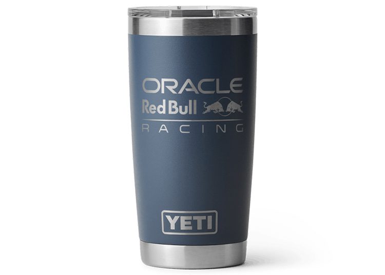 A navy blue YETI tumbler featuring the Oracle Red Bull Racing logo in silver lettering on the side—a must-have for any F1 fan.