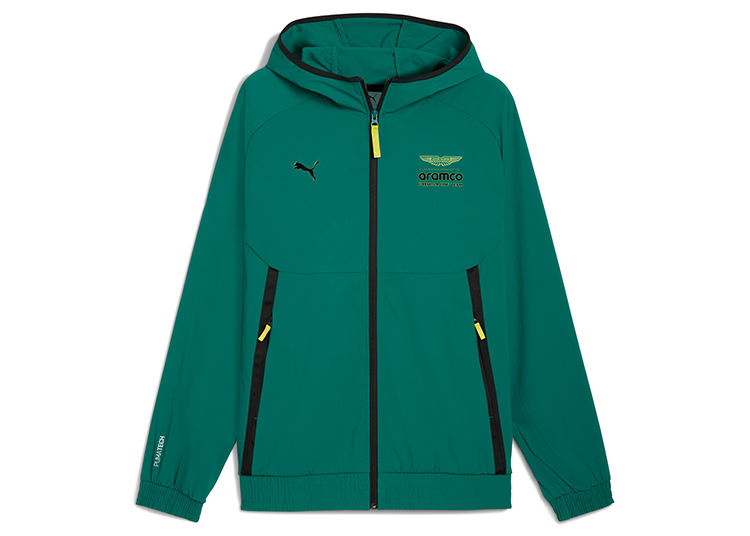 Green hooded jacket with black accents, front zipper, and logos from PUMA Motorsport, Aston Martin, and Aramco on the chest—part of the exclusive F1 Team Collection.