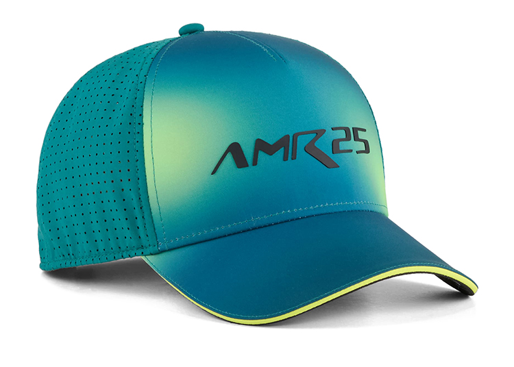 A teal and green gradient baseball cap from the F1 Team Collection, featuring perforated side panels and "AMR25" printed in black on the front—perfect for Aston Martin and PUMA Motorsport fans.