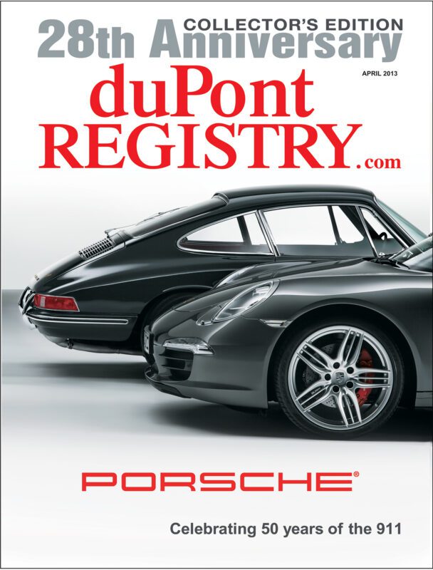 Cover of duPont REGISTRY 28th Anniversary Collector’s Edition showcasing Cover Cars—side profiles of two Porsche 911 models, old and new—with the text "Celebrating 50 years of the 911.