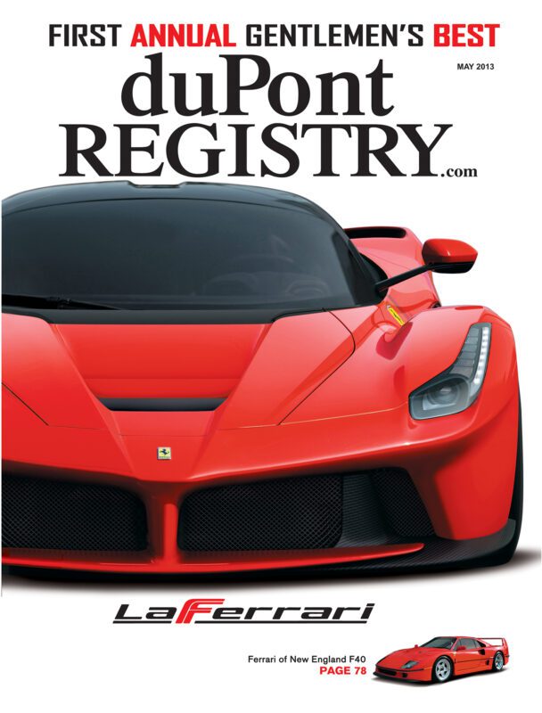 Cover Cars: duPont REGISTRY 40th Anniversary issue featuring the front view of a red Ferrari LaFerrari, with bold headline text and a small image of another Ferrari at the bottom right.