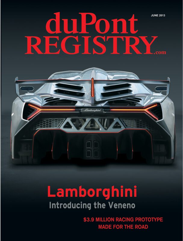 Rear view of a silver Lamborghini Veneno featured as a Cover Car on the duPont REGISTRY magazine’s June 2013 issue, celebrating the 40th Anniversary with headlines introducing the iconic racing prototype.