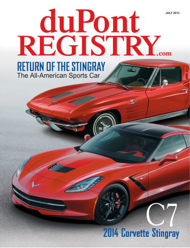 Cover Cars shine on the duPont REGISTRY July 2013 issue, featuring a classic red Corvette Stingray and a 2014 model, with headlines celebrating the return of the Stingray and marking its 40th Anniversary.