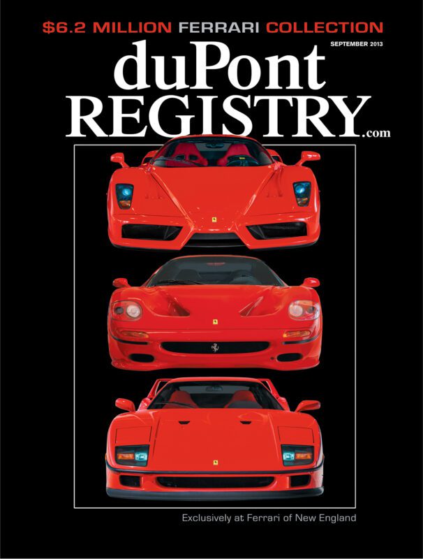 DuPont REGISTRY's 40th Anniversary issue showcases three stunning red Cover Cars—Ferraris—stacked vertically with the headline "$6.2 Million Ferrari Collection," exclusively at Ferrari of New England.