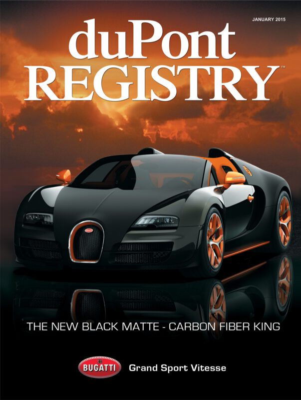 A matte black Bugatti Grand Sport Vitesse with orange accents is featured as one of the Cover Cars on the January 2015 duPont REGISTRY magazine.