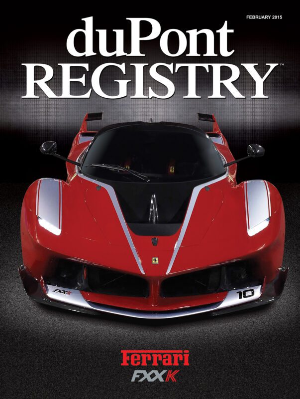 A red Ferrari FXX K sports car is featured as one of the Cover Cars on the February 2015 issue of duPont REGISTRY magazine.