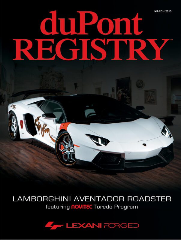 Cover Cars: duPont REGISTRY’s March 2015 issue features a white Lamborghini Aventador Roadster with the Novitec Torado Program, celebrating the 40th Anniversary, parked indoors.