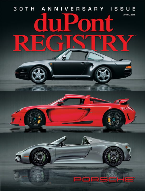 Three Porsche Cover Cars in side profile—a black classic, a red modern, and a silver modern—are featured on the duPont REGISTRY’s 30th Anniversary Issue.