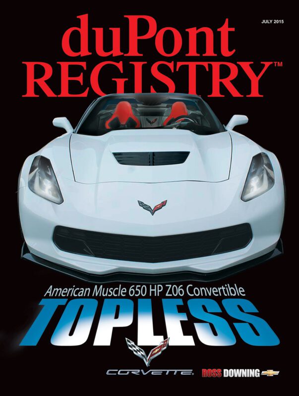 Cover Cars: duPont REGISTRY 40th Anniversary issue featuring a white Corvette Z06 convertible, highlighted with "American Muscle 650 HP Z06 Convertible" and the bold blue word "TOPLESS" on the cover.