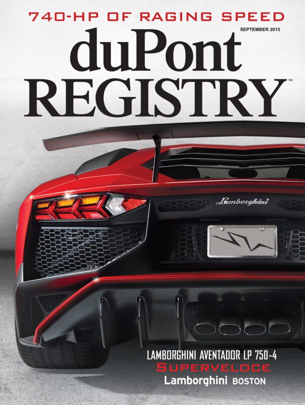 Rear view of a red Lamborghini Aventador LP 750-4 Superveloce, featured as a Cover Car on the duPont REGISTRY magazine’s September 2015 issue.