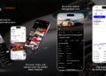 Four smartphone screens display premium automotive features of the duPont REGISTRY Garage app, showcasing car listings, a detailed car profile, and a vehicle value trend graph, all set against an exotic car background.