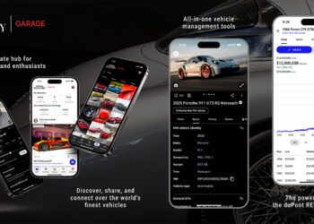 Four smartphone screens display premium automotive features of the duPont REGISTRY Garage app, showcasing car listings, a detailed car profile, and a vehicle value trend graph, all set against an exotic car background.