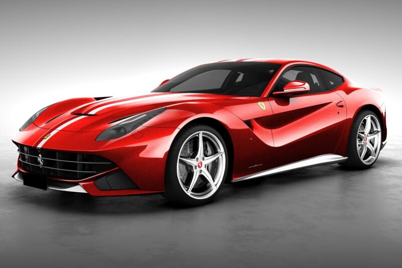 A red Ferrari sports car, one of the 1-of-1: Rarest Ferraris In The World, with white racing stripes, parked on a smooth gray surface and photographed from a front-side angle.