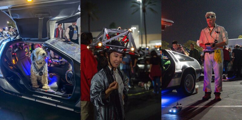 Three-part image: a dog sits in a DeLorean with an "Outatime" plate, a person sports a sci-fi helmet, and another operates a remote control in a nighttime parking lot—perfect for Film Friday fans and fellow Petrolicious enthusiasts.