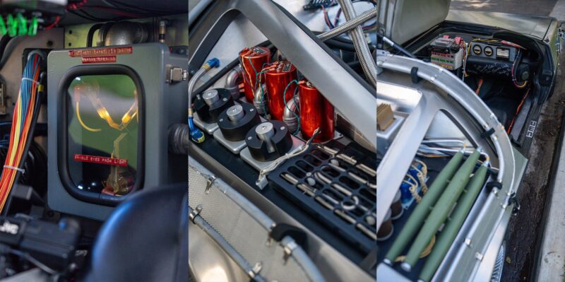 Three close-up views of detailed electronic and mechanical components inside a silver vehicle, featuring wires, dials, tubes, and labeled panels—perfect for any Film Friday or Outatime fan with a passion for classic movie machines.