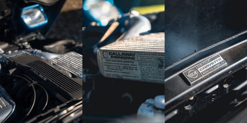 Close-up views of a car engine, a Callaway Corvette Engineering label, and the iconic Chevrolet Corvette emblem—all captured under natural light for Film Friday with Petrolicious.