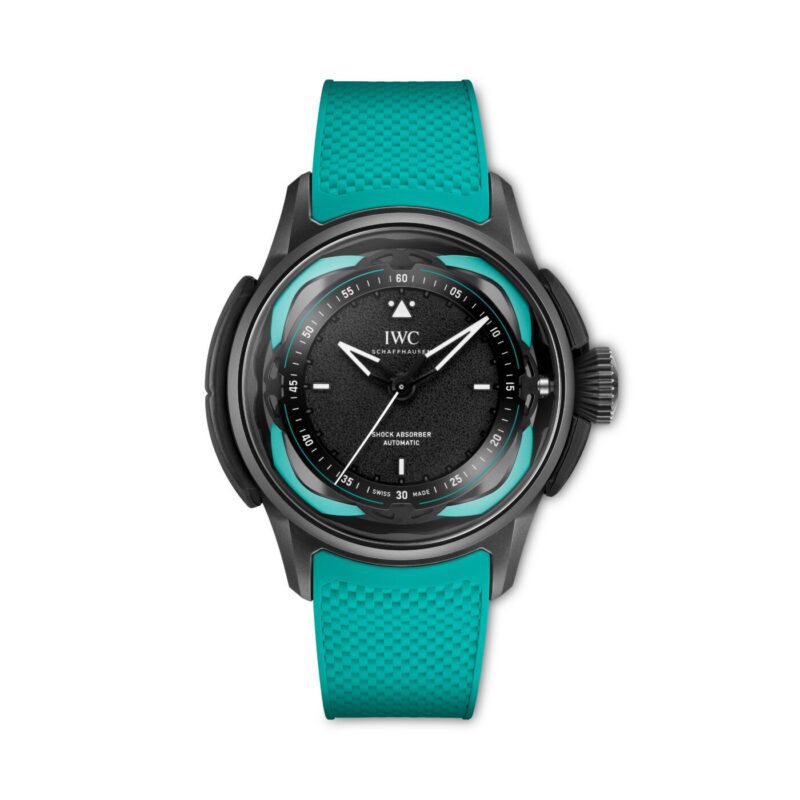 A wristwatch with a black dial, white markers, and turquoise rubber strap, inspired by Mercedes-AMG Petronas F1, featuring the IWC logo and a prominent crown on the right side.