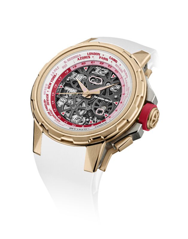 A luxury wristwatch inspired by the RM 63-02, featuring a rose gold and silver case, exposed mechanical movement, red detailing, and global city names around the bezel—a true Automatic Worldtimer for sophisticated travelers.