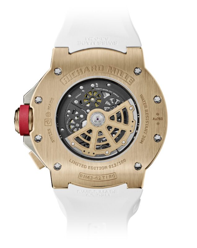 The caseback of a Richard Mille RM 63-02 Automatic Worldtimer watch with visible movement, labeled as limited edition 032/150, featuring a rose gold case and white strap.