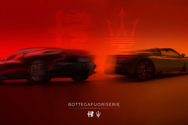 Two luxury sports cars—Alfa Romeo and Maserati—with blurred motion effects sit against a red-orange backdrop, as "BOTTEGAFUORISERIE" and brand logos mark this exclusive launch.