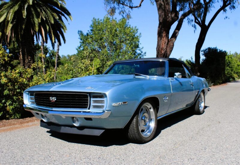 A light blue 1969 Chevrolet Camaro SS 427, a true icon among classic cars, parked on a sunlit road surrounded by trees and greenery.
