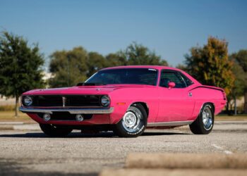 A bright pink classic muscle car, a true gem among Muscle Cars, parked on an empty lot with trees and buildings in the background under a clear blue sky.