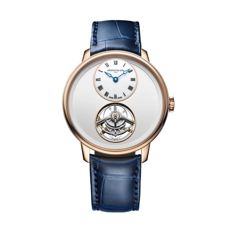 A luxury wristwatch with a blue leather strap, white dial, Roman numeral hour markers, and a visible tourbillon mechanism—an exquisite example among the best luxury watches.