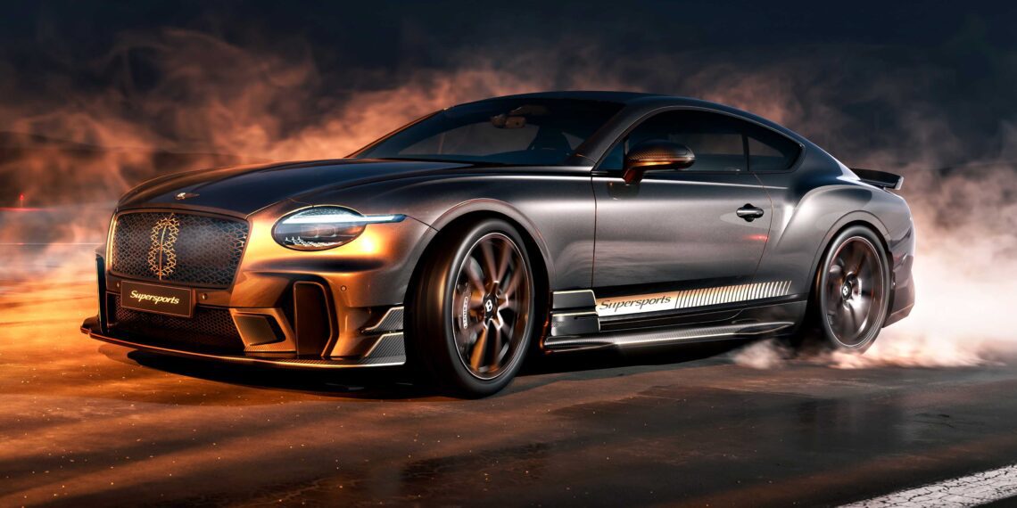 A sleek, matte black Bentley Supersports emits smoke from its spinning tires on a racetrack at night, illuminated by dramatic lighting—a true driver-focused Continental GT experience.
