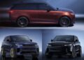Three Range Rover SUVs are shown—a red model above, with blue and black models below—highlighting the Range Rover Expands 2026 Sport Lineup with SV Black SV Carbon and SV Bespoke Editions against a gradient background.