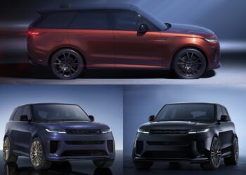 Three Range Rover SUVs are shown—a red model above, with blue and black models below—highlighting the Range Rover Expands 2026 Sport Lineup with SV Black SV Carbon and SV Bespoke Editions against a gradient background.