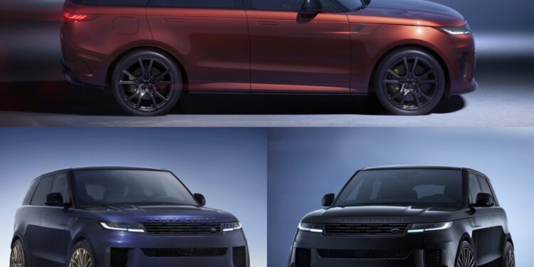 Three Range Rover SUVs are shown—a red model above, with blue and black models below—highlighting the Range Rover Expands 2026 Sport Lineup with SV Black SV Carbon and SV Bespoke Editions against a gradient background.