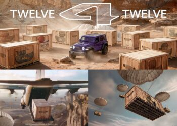 A purple Jeep among wooden crates in a desert, with parachuting crates and “Twelve 4 Twelve” above. First of 12: Jeep launches its 85th Anniversary Limited Edition Series with the Moab 392.